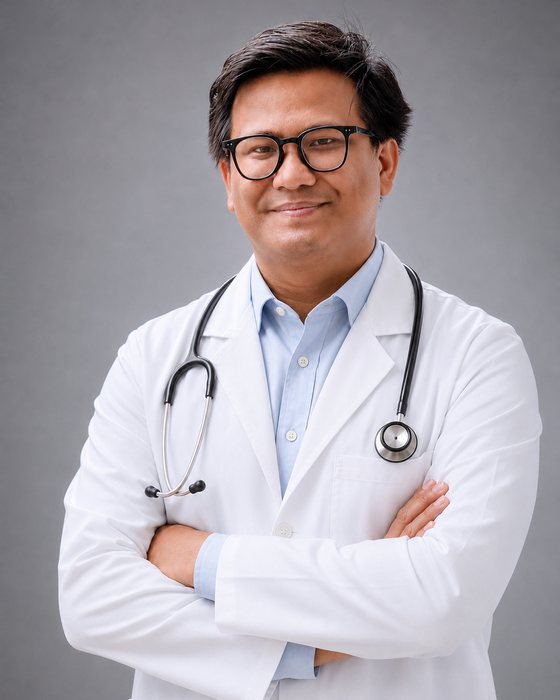 Dr. Uzzal Chandra Tangchangya in a white coat with a stethoscope